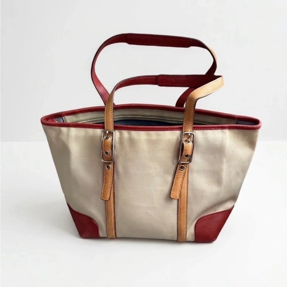 Coach Hampton West Market Canvas Tote with Red Trim and Tan Leather Straps